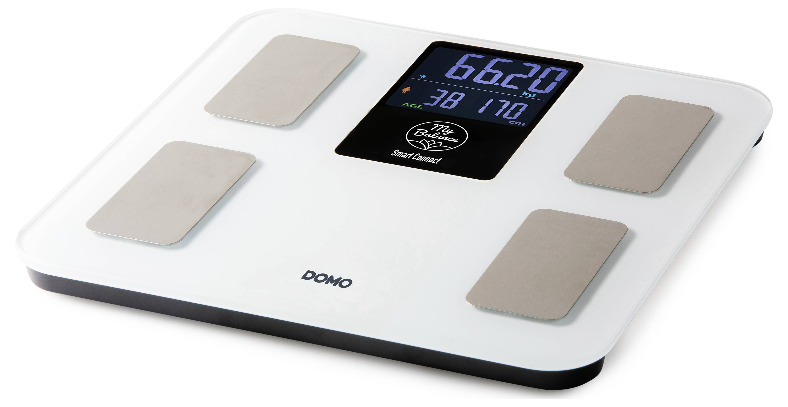 Digital body fat scale showing 66.20 and body metrics on a central display, with four beige foot pads and DOMO branding.