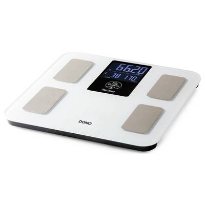 Digital body fat scale showing 66.20 and body metrics on a central display, with four beige foot pads and DOMO branding.