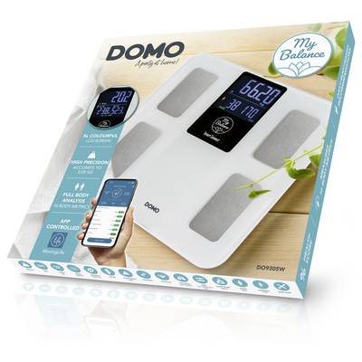 Product box for a Domo My Balance smart bathroom scale, showing a white digital scale with app tracking, color LCD, and body analysis features.