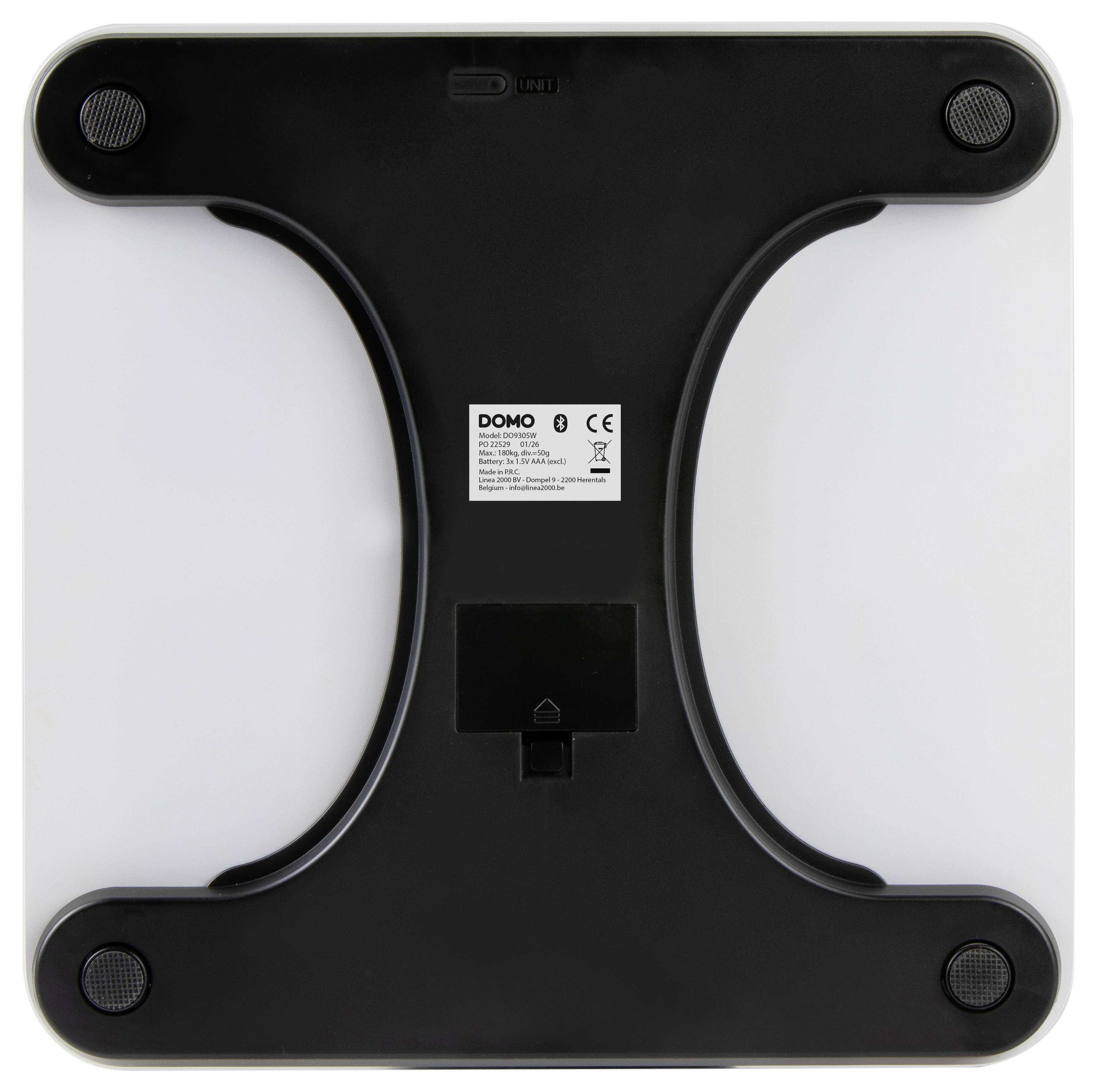 Black digital bathroom scale shown upside down, with four round feet and a center label on a white background.