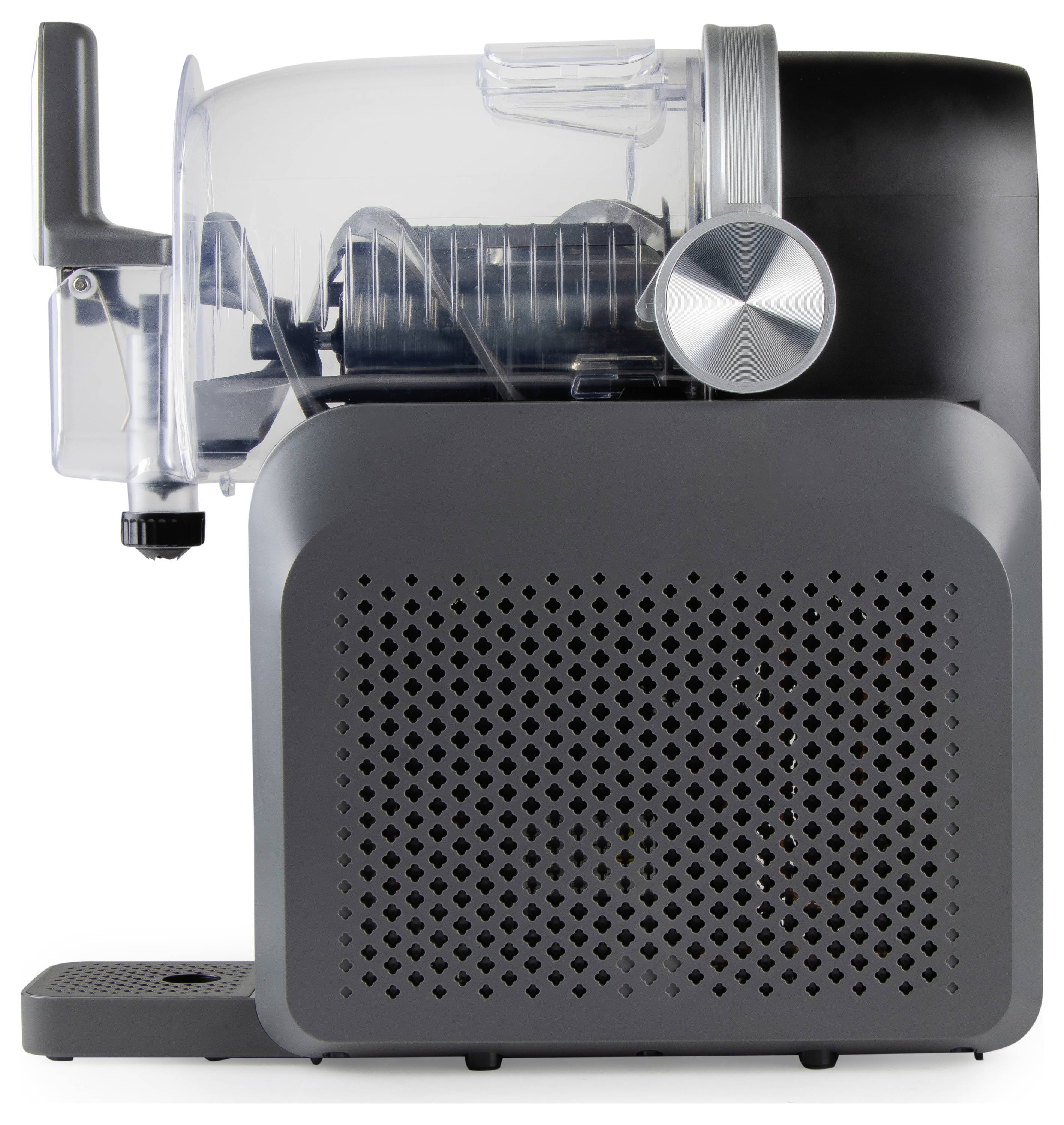 Compact countertop beverage machine with clear water reservoir, side lever, and perforated front panel on a white background.