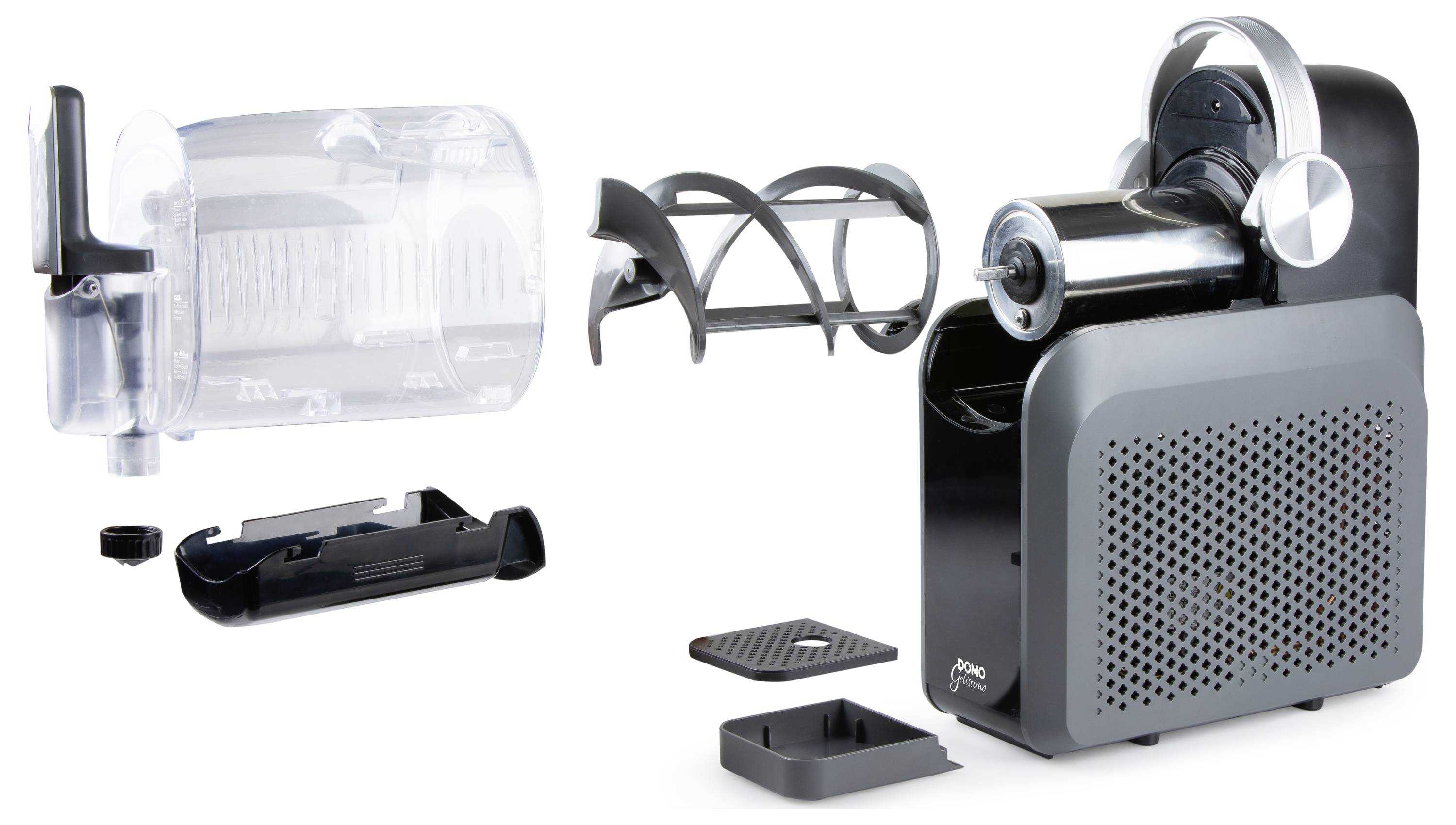 Exploded view of a compact electric juicer/blender showing the motor base, mixing chamber, auger, lid, and detachable parts.