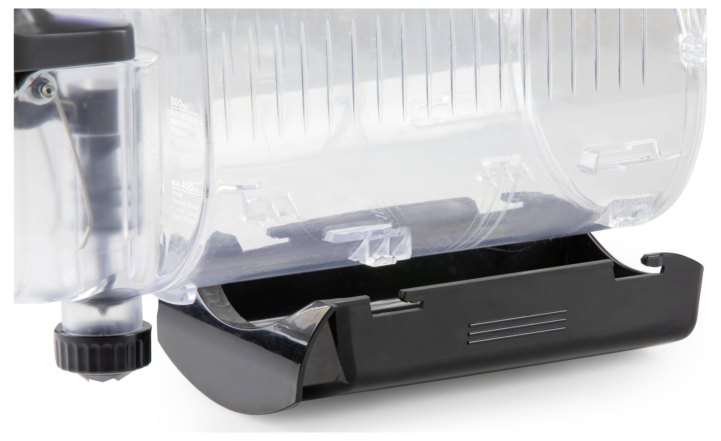 Close-up of a transparent water tank or dispenser reservoir with a black base and drain valve.<br>