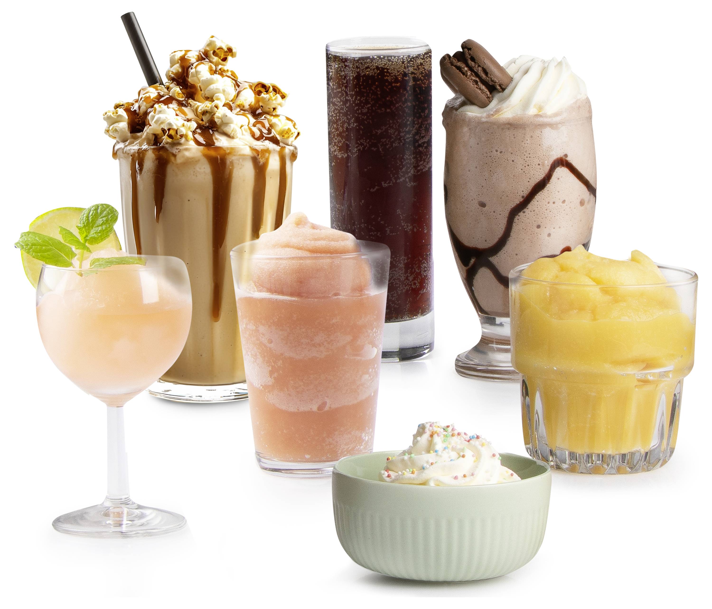 Assorted frozen and blended drinks in glasses and bowls, including iced coffee, chocolate milkshake, fruit slushes, and a mint cocktail on a white background.