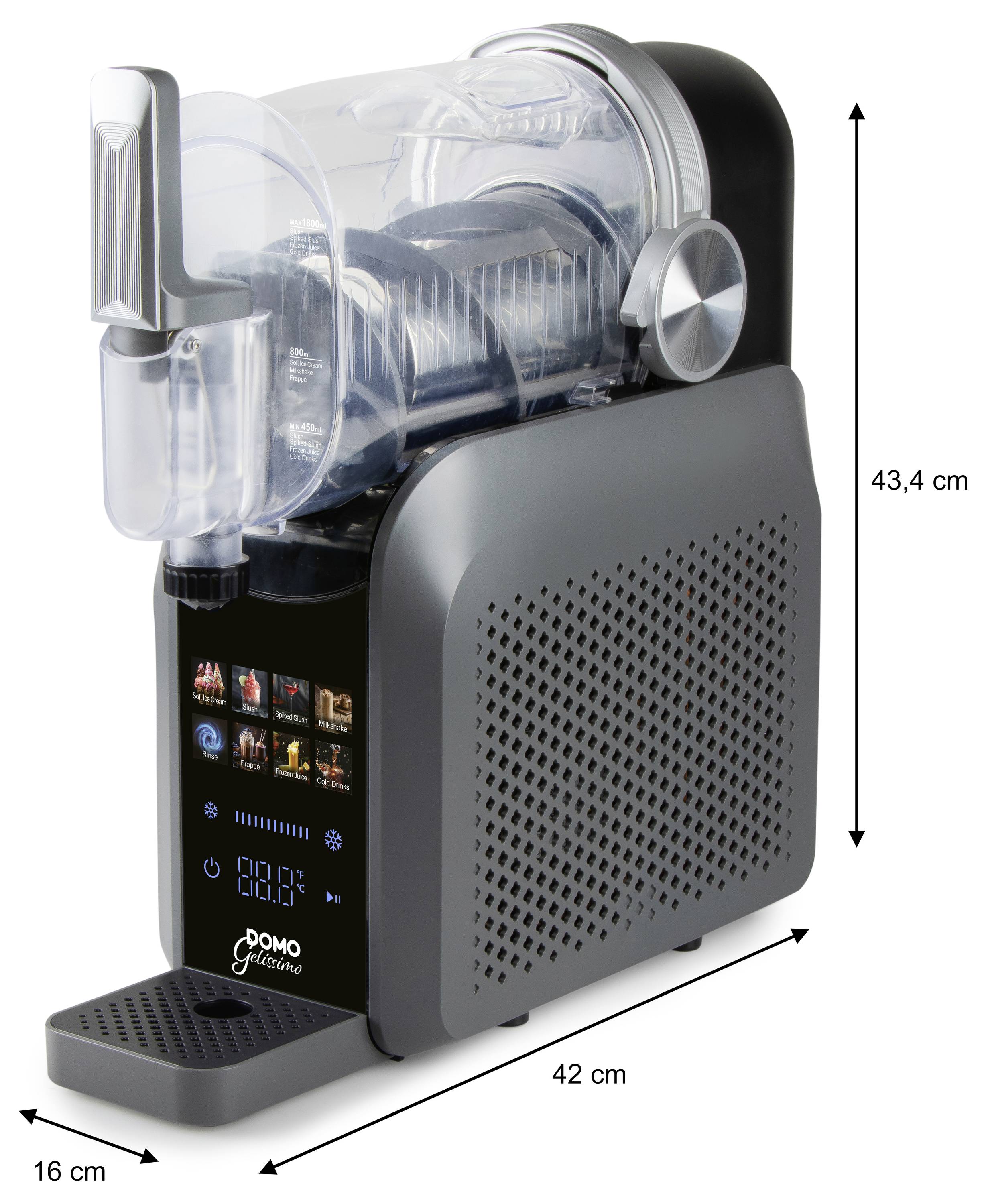Portable countertop beverage dispenser shown in side view, with dimensions labeled 43.4 cm high, 42 cm long, and 16 cm wide.<br>