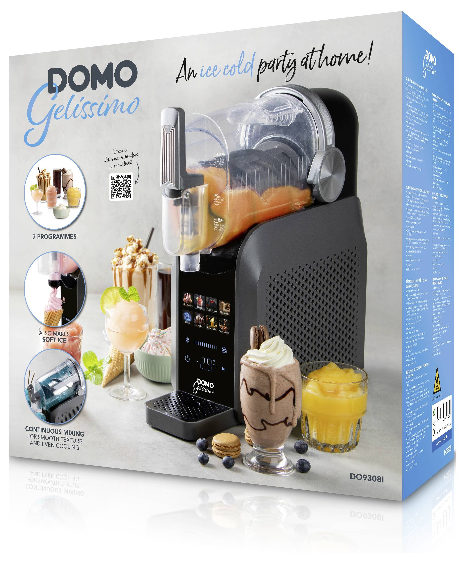 Product box for a DOMO Gelissimo ice cream maker, shown with the machine and sample frozen desserts; packaging highlights 'An ice cool party at home!'