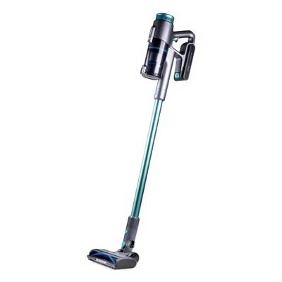 Cordless stick vacuum cleaner with turquoise accents and floor head, shown upright on a white background.