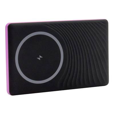 Black rectangular wireless charging pad with a gray circular charging zone and pink edge lighting<br>