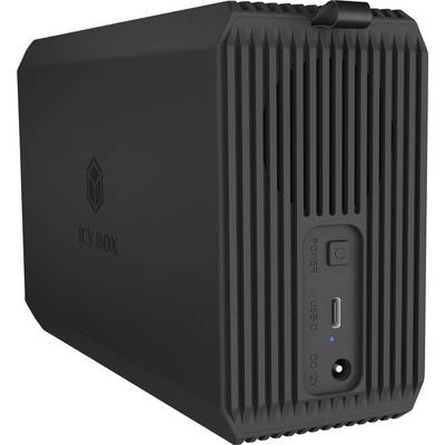 Black ICY BOX device with vertical front vents, power button, USB-C port, and DC 12V input on the front panel.