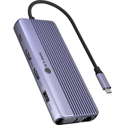 Silver USB-C hub with braided cable, featuring multiple ports including USB-A, HDMI, and power on a compact ridged case.