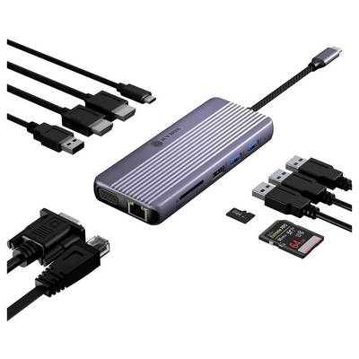 Portable USB-C hub with HDMI, Ethernet, USB ports, SD card slot, and included cables/adapters shown on a white background