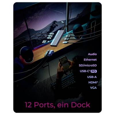 Product promo for a docking station showing a dock with 12 ports and labeled connections: Audio, Ethernet, SD/microSD, USB-C PD, USB-A, HDMI, VGA.<br>
