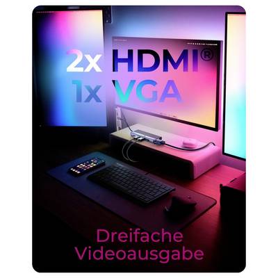 Promotional image of a desk with three monitors and the text '2x HDMI', '1x VGA', and 'Dreifache Videoausgabe' highlighting triple video output.