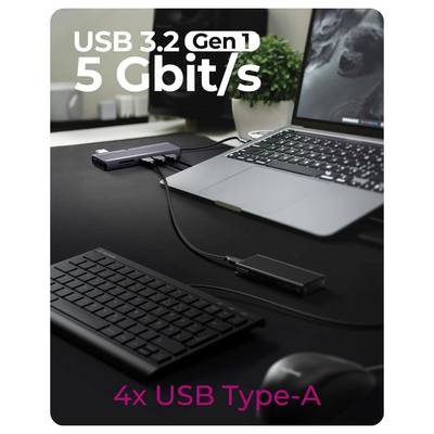 Marketing image of a laptop connected to a USB hub and keyboard, highlighting 'USB 3.2 Gen 1', '5 Gbit/s', and '4x USB Type-A' connectivity.