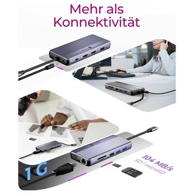 German promo graphic 'Mehr als Konnektivität' showing USB-C hub with multiple ports, connected to a laptop, monitor and SD/microSD card, highlighting 10x faster than 1G networking.