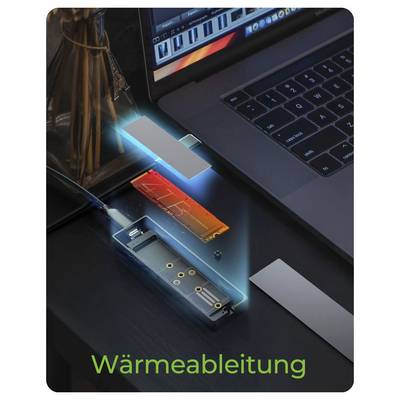 Illustration of heat dissipation from a laptop SSD, with glowing blue airflow and the German word 'Wärmeableitung' at the bottom.