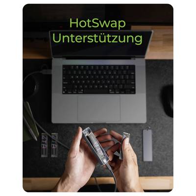 Hands holding SSDs beside a laptop, with the text 'HotSwap Unterstützung' above, indicating hot-swap support for storage replacement.