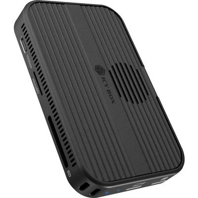 Black Icy Box external drive enclosure with ribbed top, ventilation slots, and microSD/SD card labels on the side.