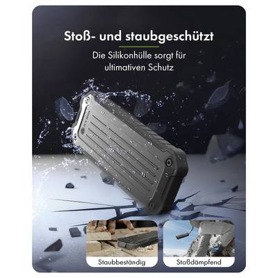 Promotional image of a rugged phone case with text 'Stoß- und staubgeschützt' and 'Die Silikonhülle sorgt für ultimativen Schutz', showing impact and dust protection plus inset labels 'Staubbeständig' and 'Stoßdämpfend'.<br>