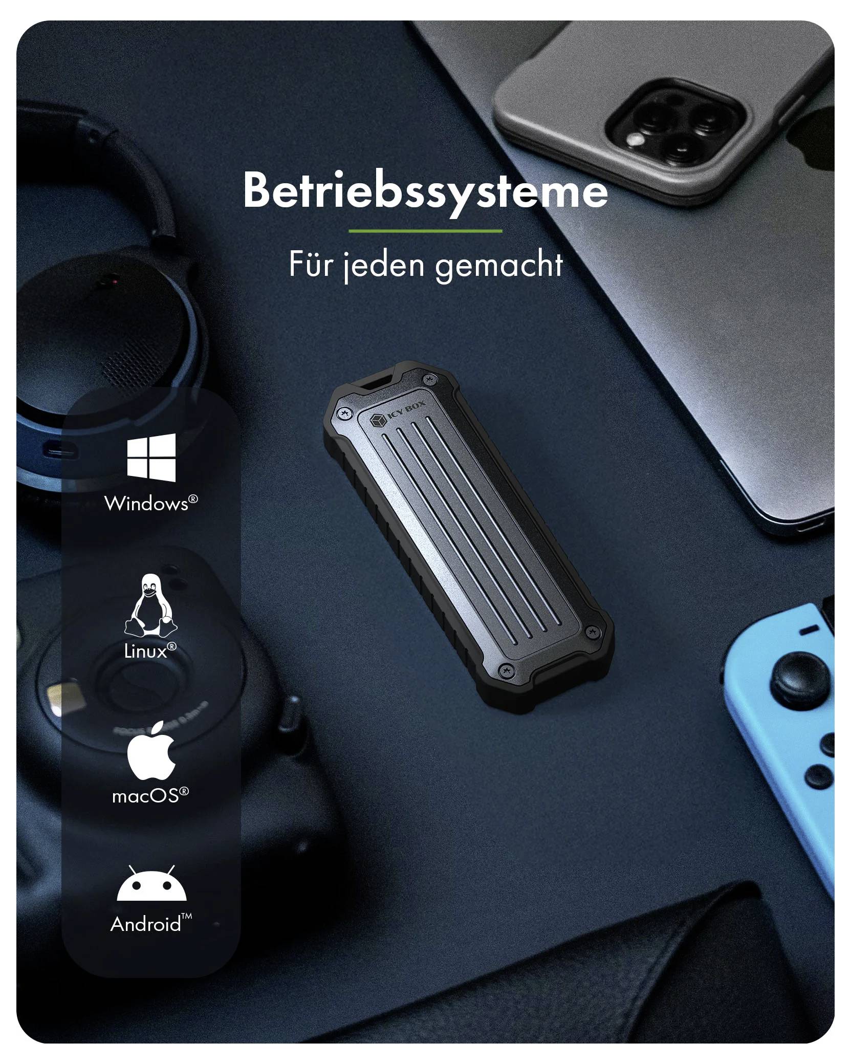 Marketing graphic showing a rugged device with the text 'Betriebssysteme' and 'Für jeden gemacht', plus Windows, Linux, macOS, and Android compatibility icons.<br>