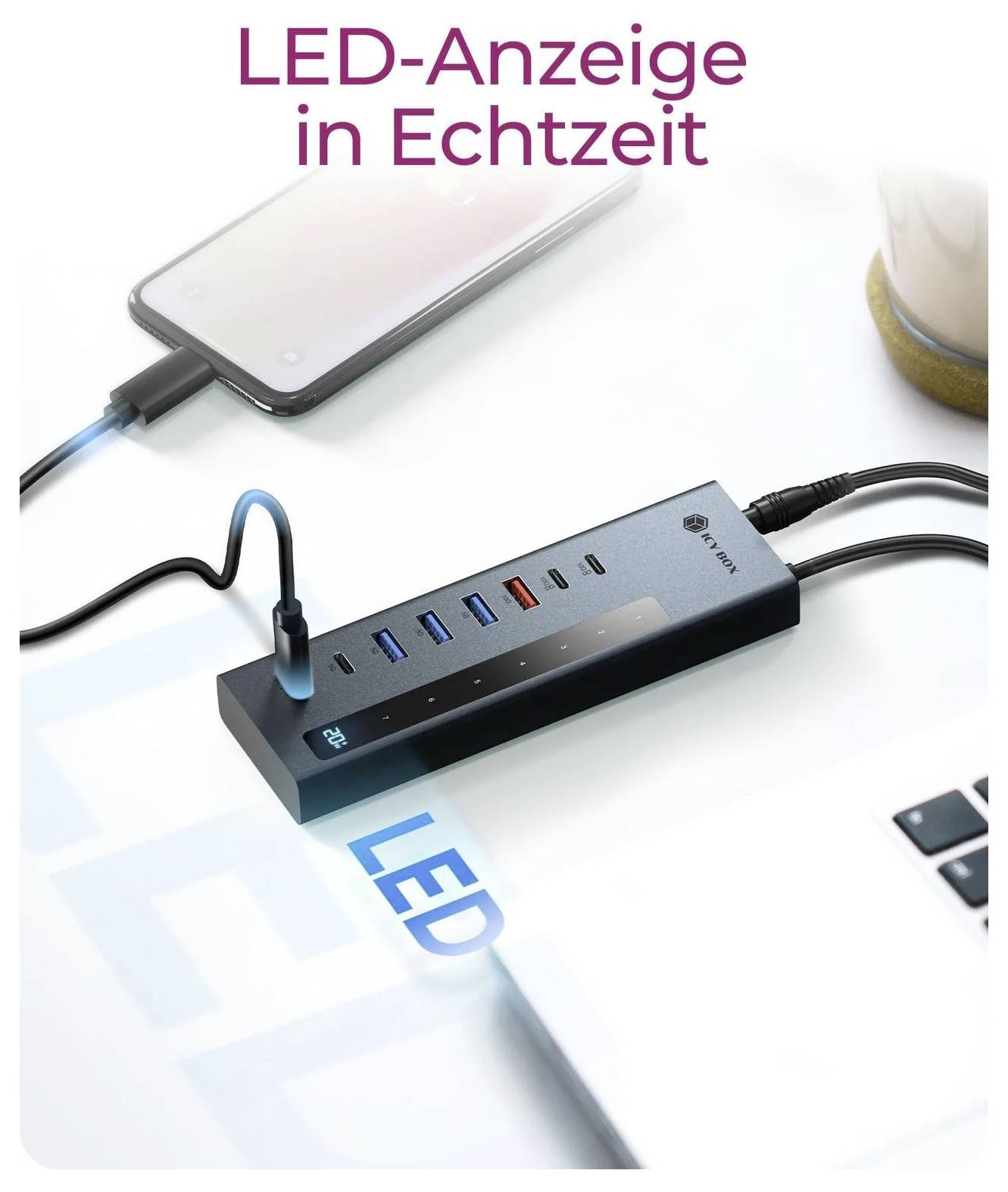 Promotional image of a desk USB charging hub connected to a smartphone, with the German text 'LED-Anzeige in Echtzeit' and a glowing LED indicator<br>