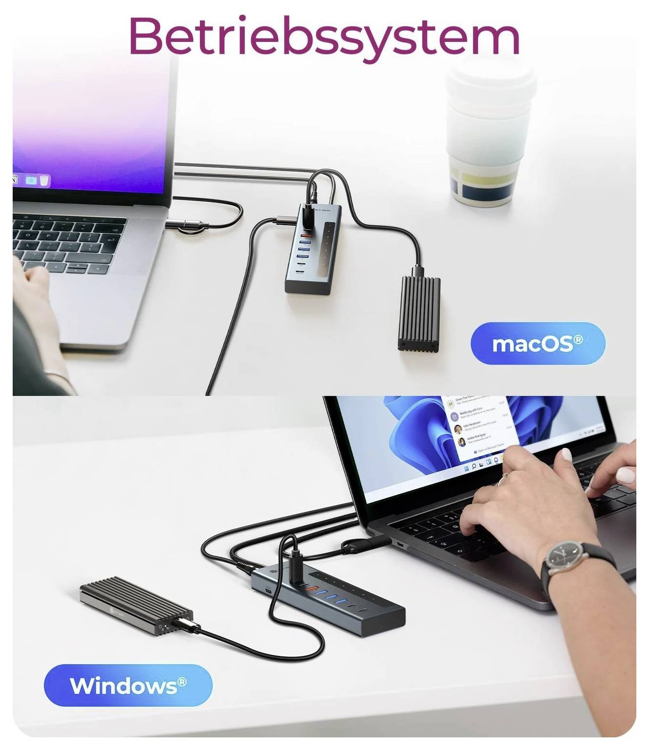 Comparison graphic of a docking hub connected to laptops, labeled 'Betriebssystem', showing macOS on top and Windows on bottom.