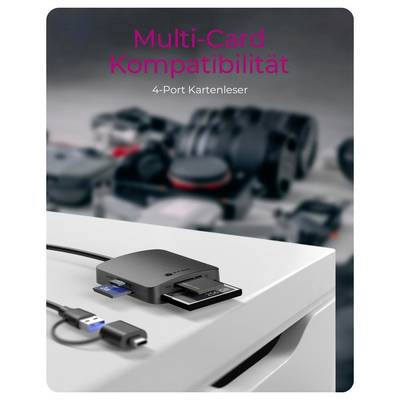 A 4-port card reader on a white surface with memory cards inserted; German text reads 'Multi-Card Kompatibilität' and '4-Port Kartenleser'.