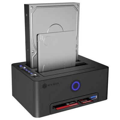 Hard drive dock with one large HDD inserted and two memory cards plus a USB flash drive in front, showing a blue-lit power button on the base.