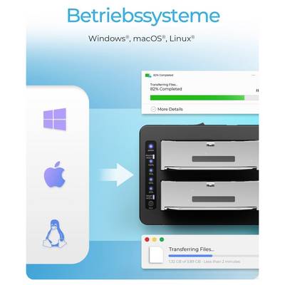 Promotional graphic for supported operating systems, showing Windows, macOS and Linux transferring files to a storage device with progress bars.