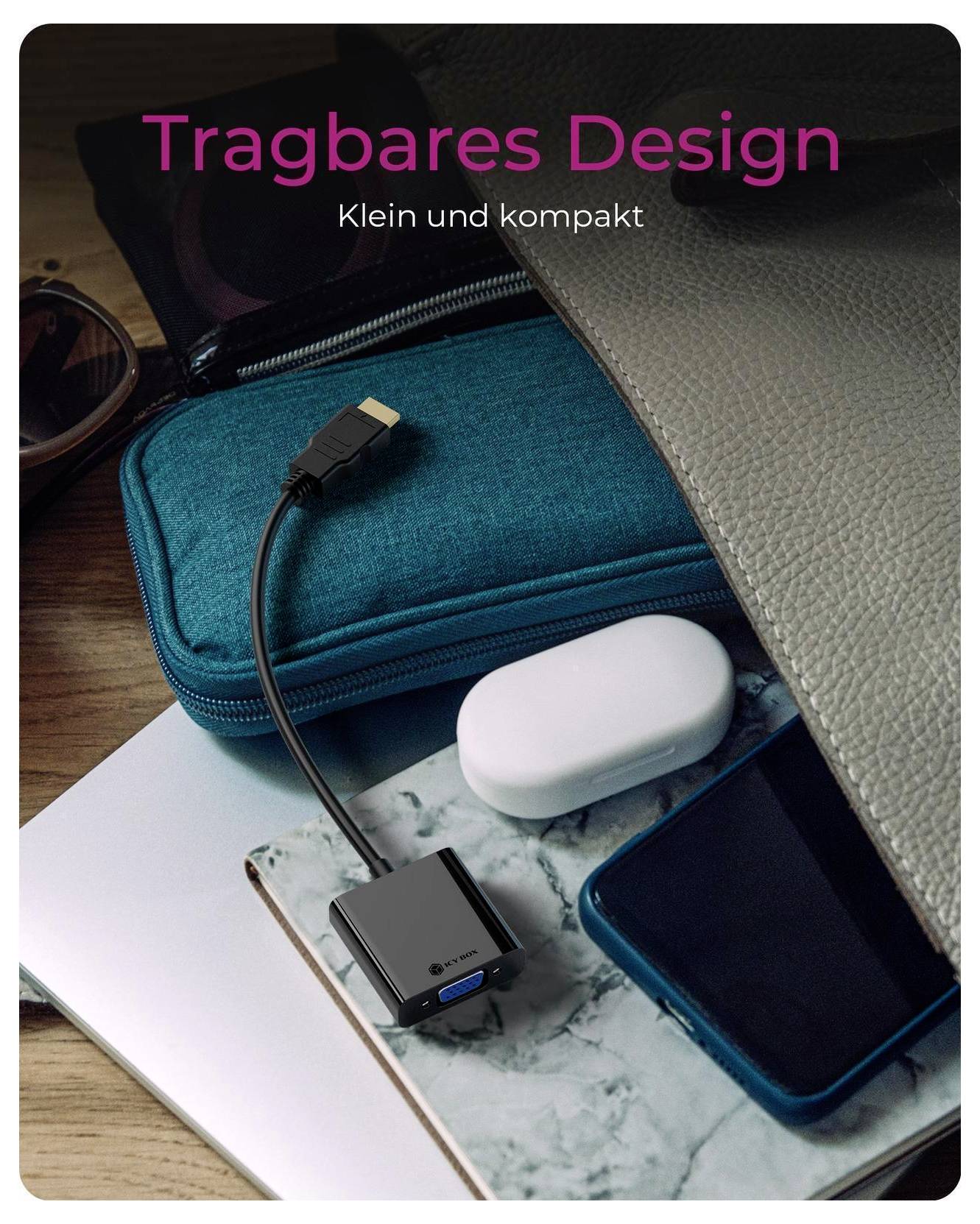 Travel bag and compact tech accessories on a desk, with text 'Tragbares Design' and 'Klein und kompakt'.<br>