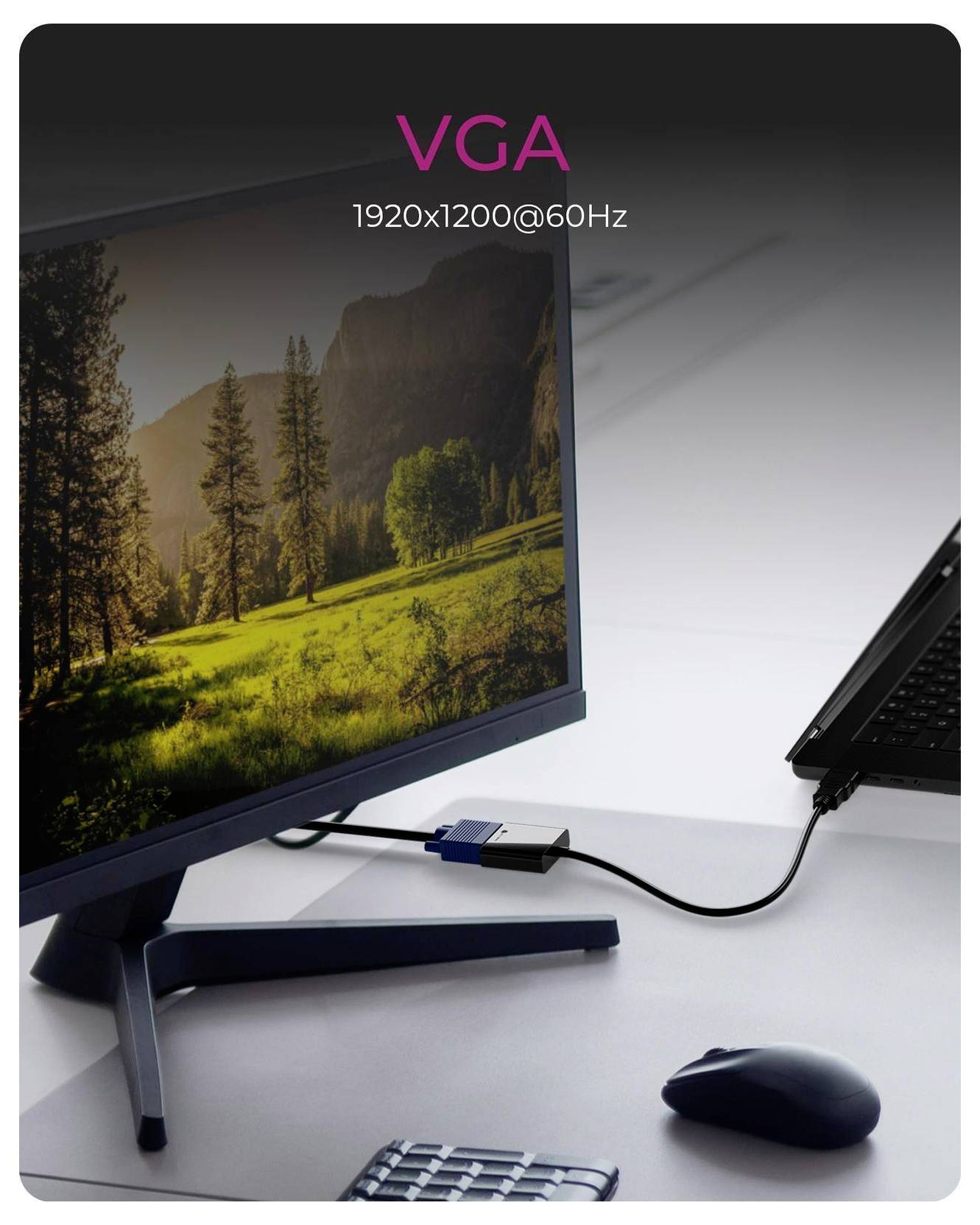 Laptop connected to external monitor via VGA cable, showing 'VGA 1920x1200@60Hz' above the display.