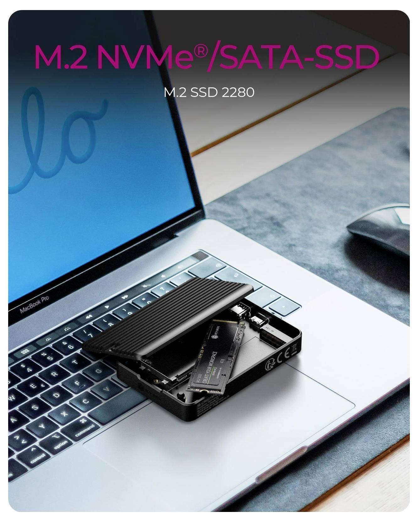 M.2 NVMe/SATA SSD enclosure shown open on a laptop keyboard, with text 'M.2 SSD 2280' indicating compatibility.