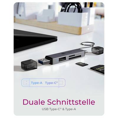 Product ad showing a USB hub with Type-C and Type-A connectors, labeled 'Duale Schnittstelle' and 'USB Type-C & Type-A'.