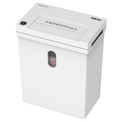 White IDEAL SHREDCAT paper shredder with top feed slot and small viewing window showing shredded paper inside.