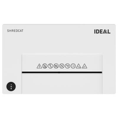 Close-up of an IDEAL Shredcat paper shredder with warning pictograms on the front panel and an on/off button at lower left.