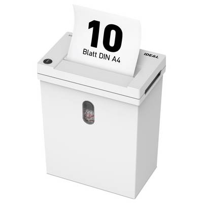 Document shredder destroys 10 sheets of DIN A4; viewing window shows shredded paper.