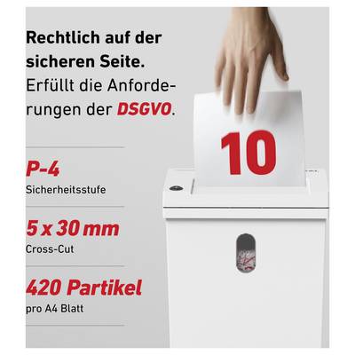 Advertisement for a document shredder: Hand destroys sheet with '10'; text emphasises GDPR compliance, security level P-4, 5 x 30 mm cross-cut, 420 particles per A4 sheet.