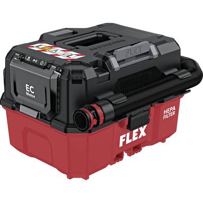 Black and red FLEX wet/dry vacuum with HEPA filter, EC motor label, and hose port, shown in product-style view.