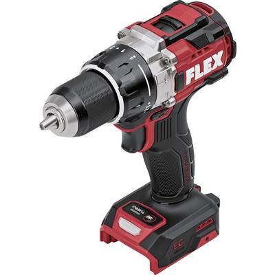 Red and black FLEX cordless drill with battery pack, shown in profile on a white background.
