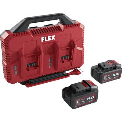 Red FLEX carrying case with handle and two black FLEX batteries shown beside it.