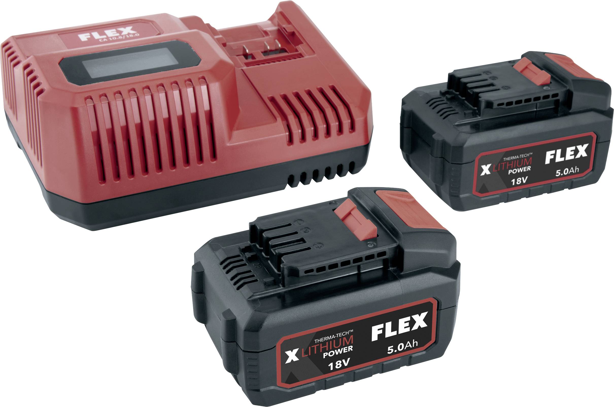 Red FLEX battery charger with two black 18V 5.0Ah lithium power tool batteries.<br>