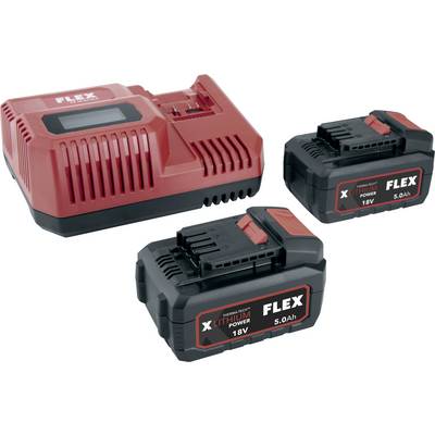 Red FLEX battery charger with two black 18V 5.0Ah lithium power tool batteries.<br>