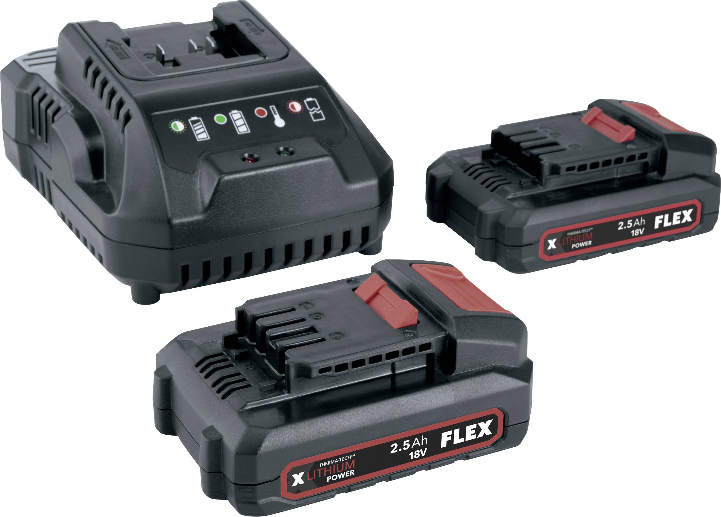 Black FLEX battery charger and two 18V lithium-ion battery packs, one 2.5Ah and one 5.0Ah, shown on a white background.
