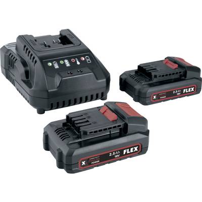 Black FLEX battery charger and two 18V lithium-ion battery packs, one 2.5Ah and one 5.0Ah, shown on a white background.