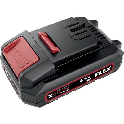 Black and red FLEX 18V lithium battery pack labeled 2.5Ah, shown in a product-style view.