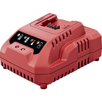 Red cordless battery charger with indicator lights, a top-mounted battery slot, and vented sides.
