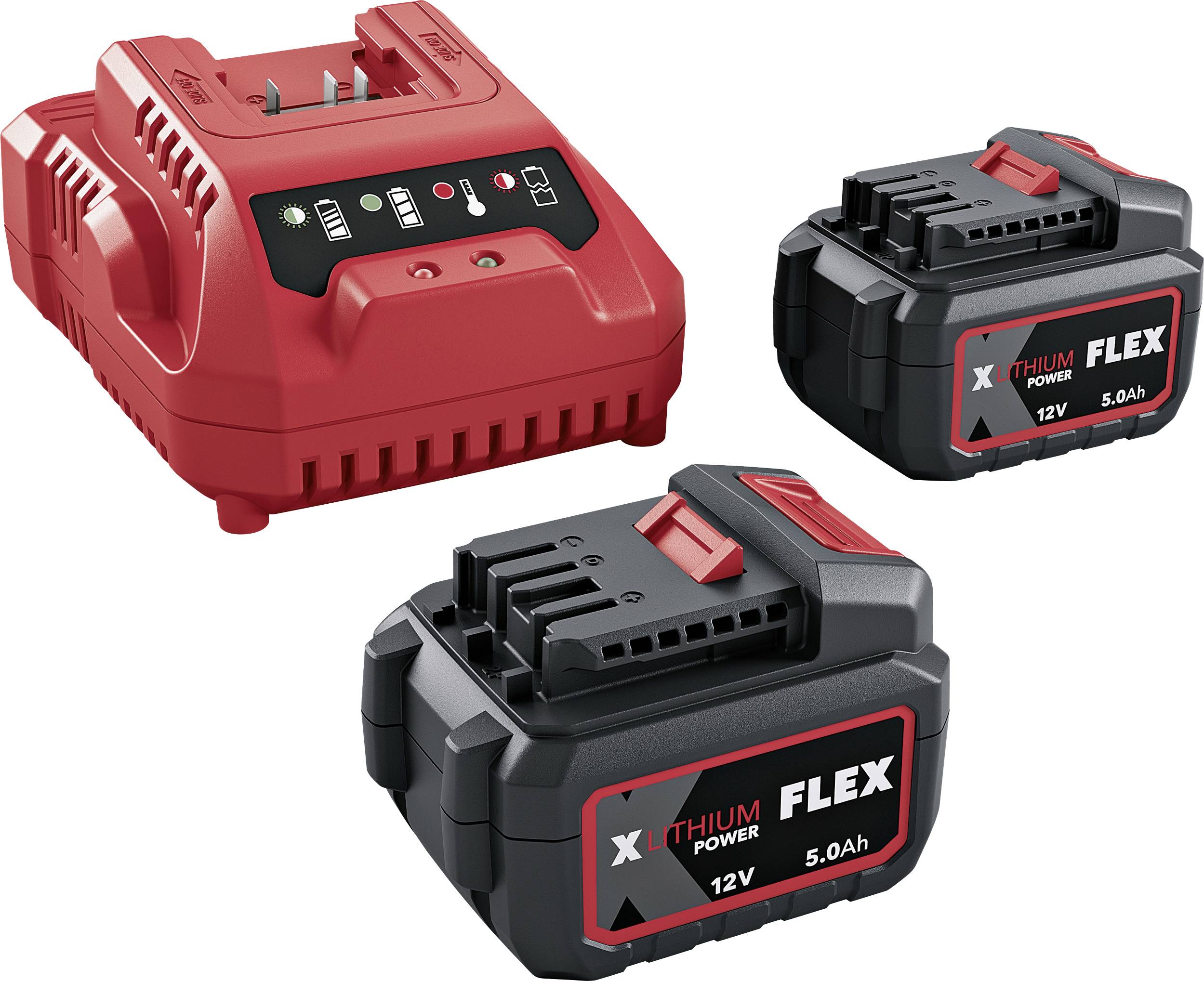 Red battery charger with indicator lights and two black 12V 5.0Ah lithium power tool batteries.<br>
