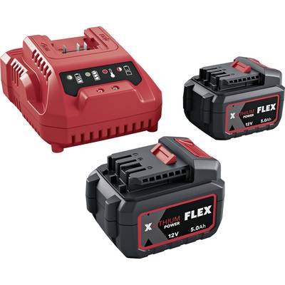 Red battery charger with indicator lights and two black 12V 5.0Ah lithium power tool batteries.<br>