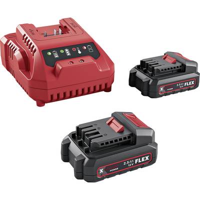 Red battery charger with indicator lights shown beside two FLEX 12V 2.5Ah lithium-ion battery packs<br>