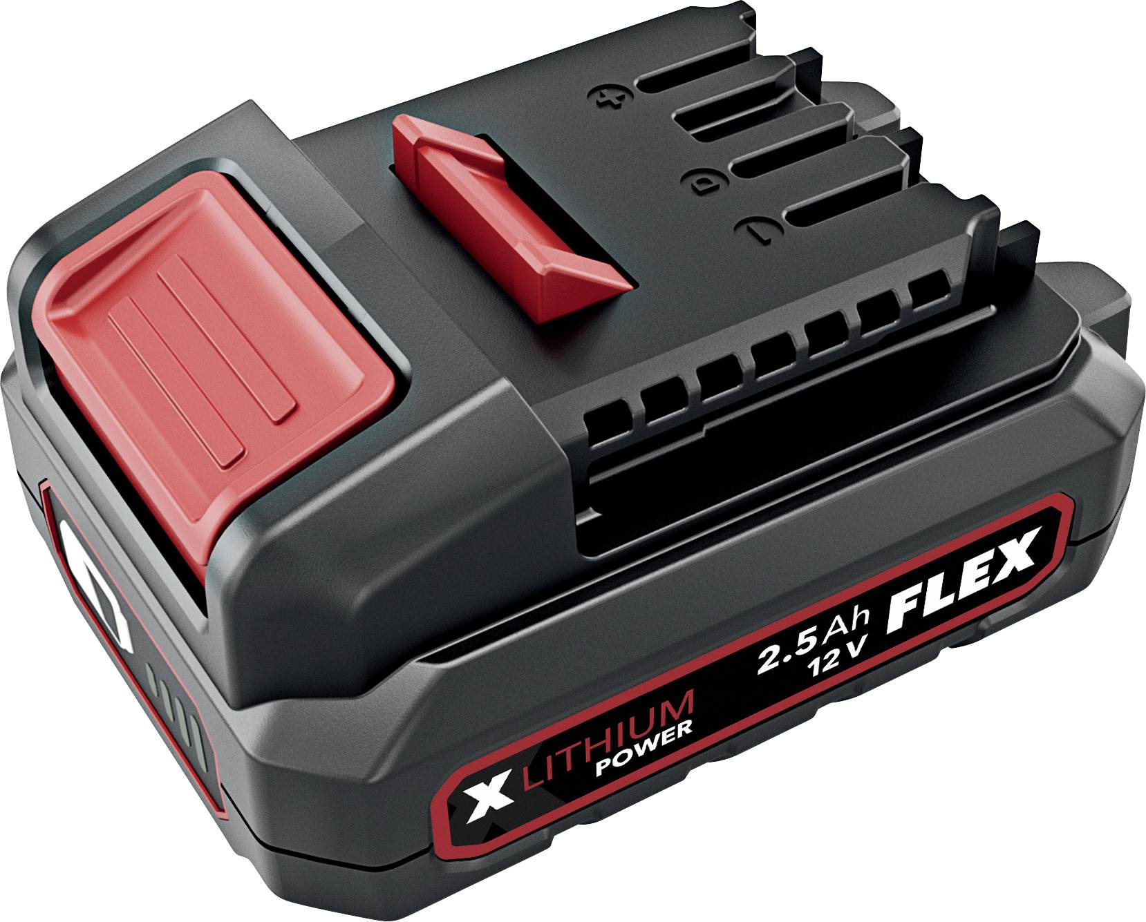 Black and red FLEX Lithium Power 12V 2.5Ah rechargeable battery pack with slide-on connector<br>